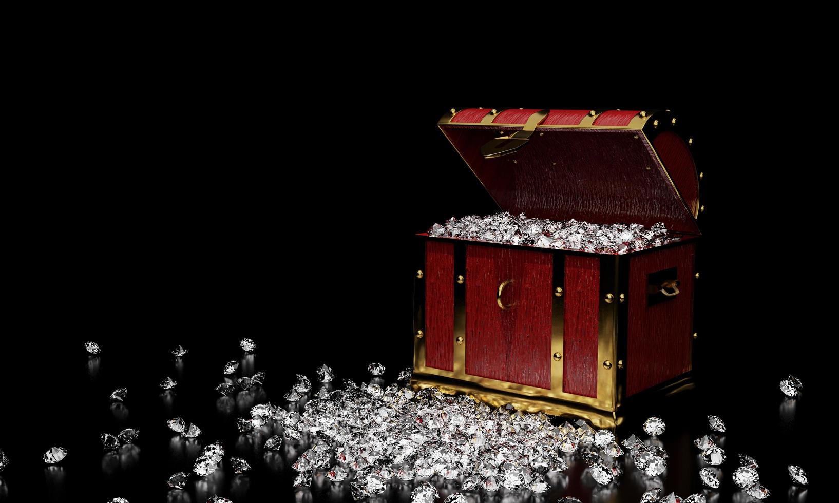 muchos diamantes en un cofre del tesoro vintage dorado y cayendo al suelo utilizado para el concepto de caja de almacenamiento de gemas. un tesoro sobre fondo negro y reflejo en el suelo. procesamiento 3d foto