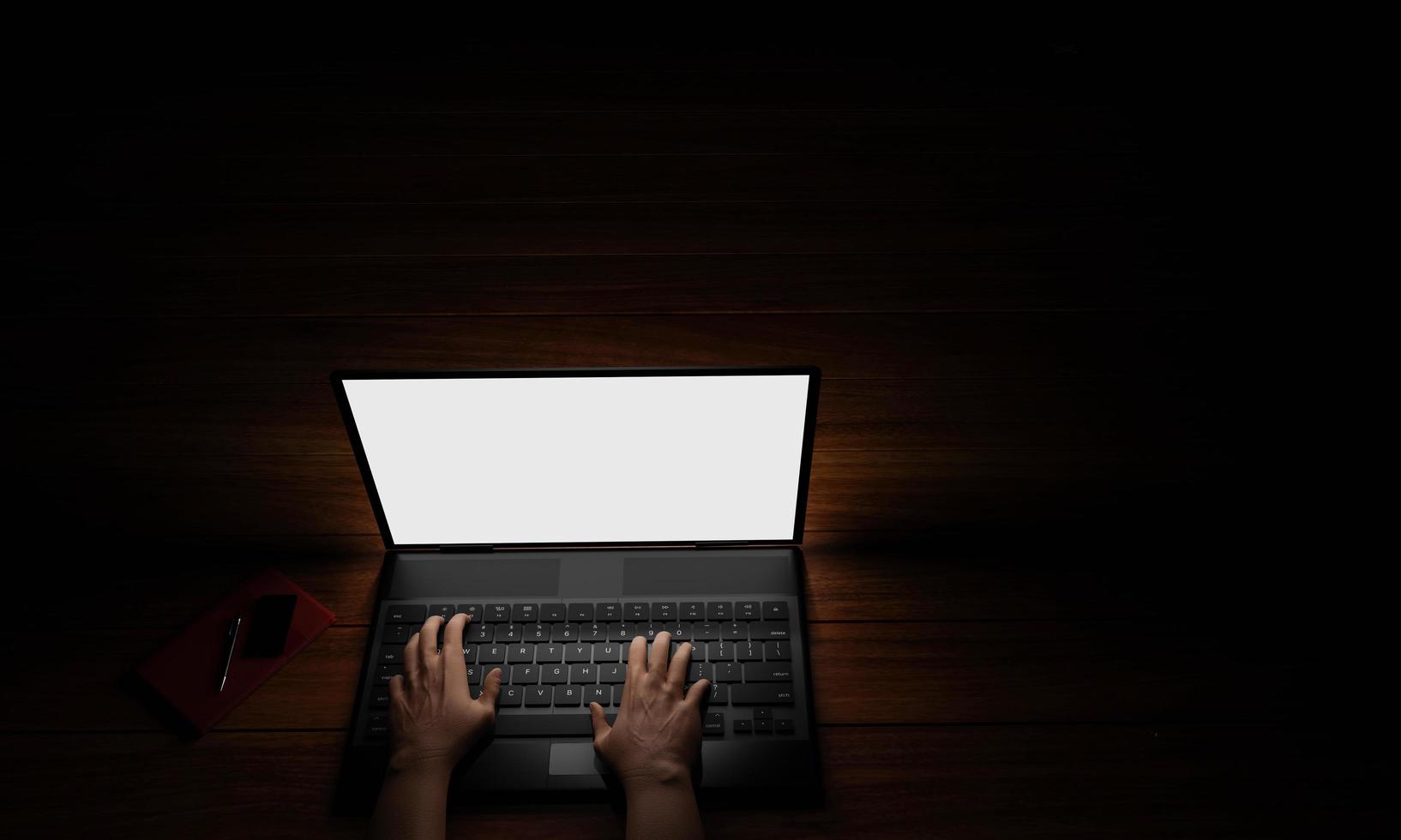 The hand of a person using a notebook or laptop, a blank screen, white, dark background, blacklight shines down on the hand. Mystery operation or hacker.3D Rendering photo
