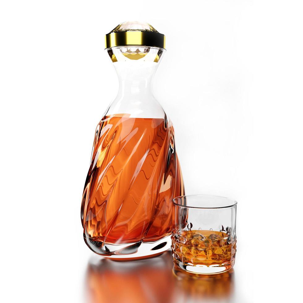 A set of clear bottles and elegant glasses for holding alcoholic beverages such as brandy and whiskey. Clear half glass liqueur with ice cubes. Placed on a shiny floor, white background. 3D rendering. photo
