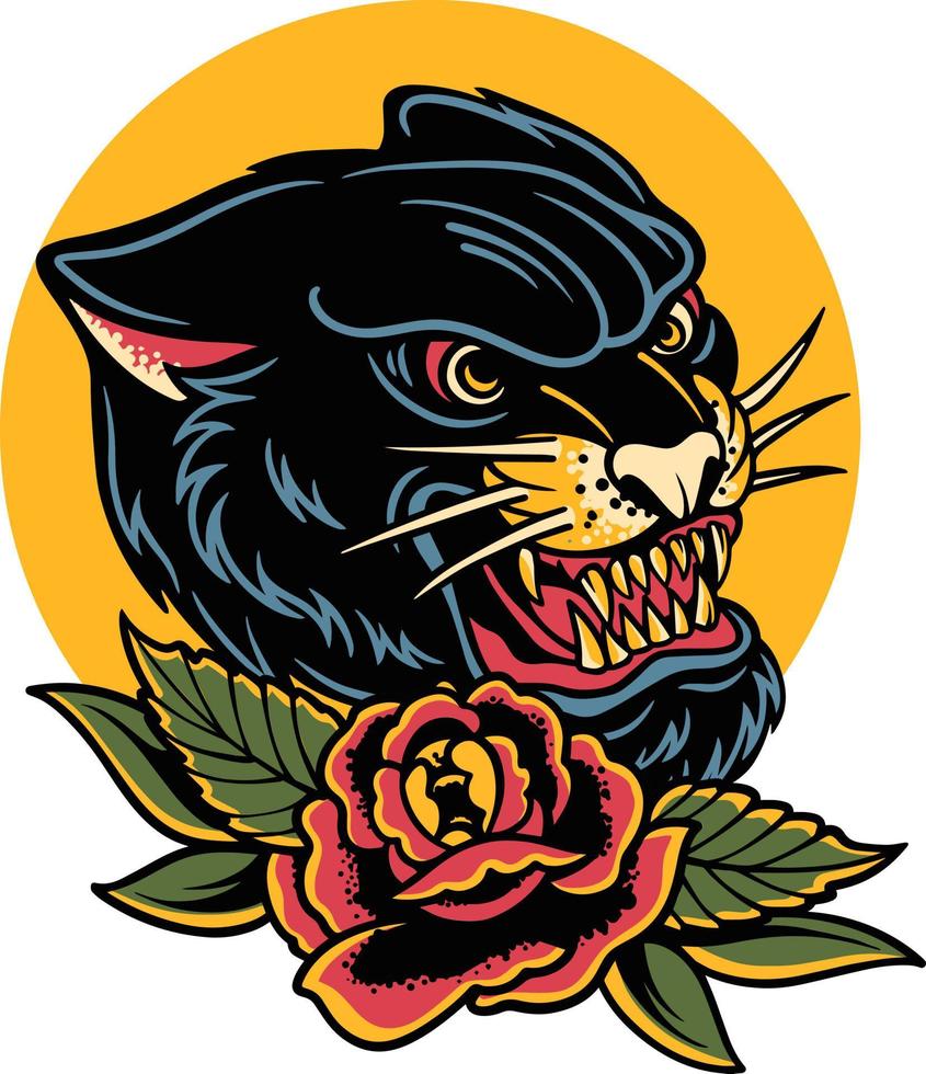 Black Panther With Flower Retro Style vector