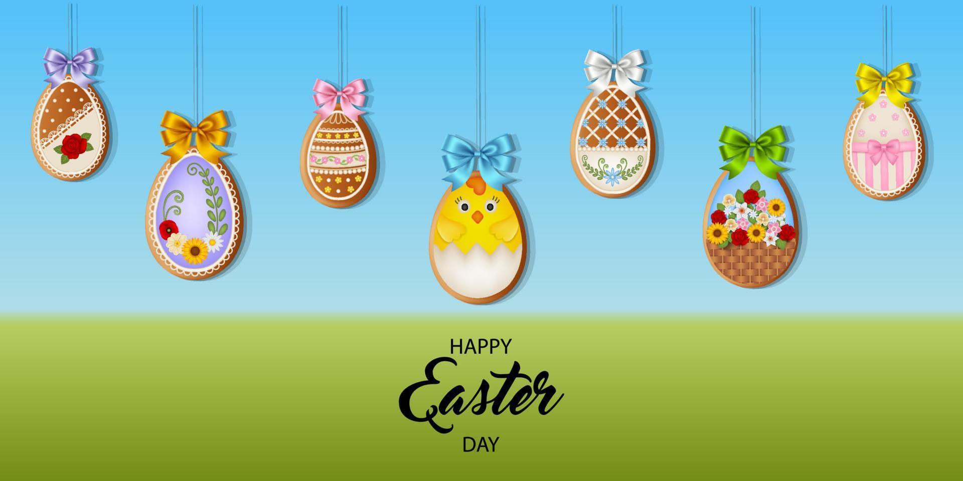 Easter background with gingerbread cookies. easter poster with egg shaped gingerbreads with colorful bows vector