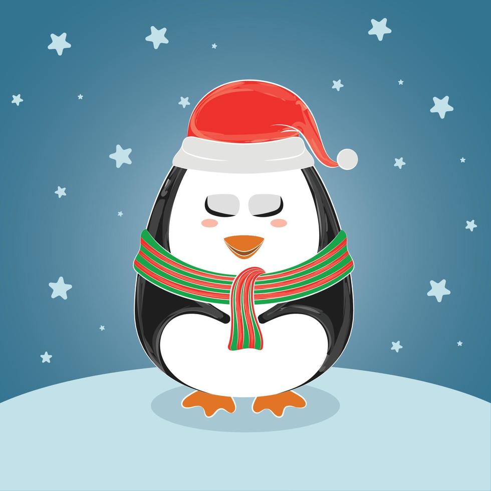 pingüino lindo aislado con bufanda en un vector de paisaje invernal