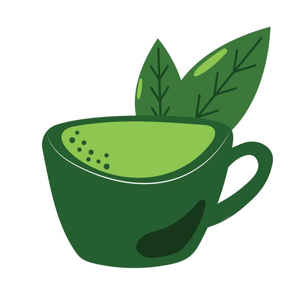 Hand drawn cup of matcha with tea leaves. Flat illustration. vector