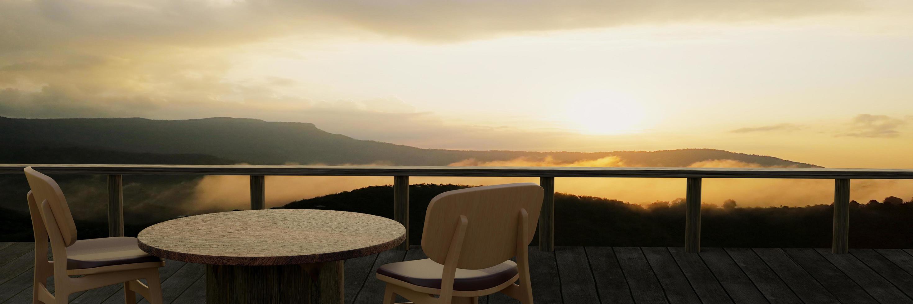 mesas y sillas de madera para relajarse en el balcón o terraza con tablones de madera. el restaurante en la montaña tiene una vista de la colina y la niebla a la luz del sol de la mañana. representación 3d foto