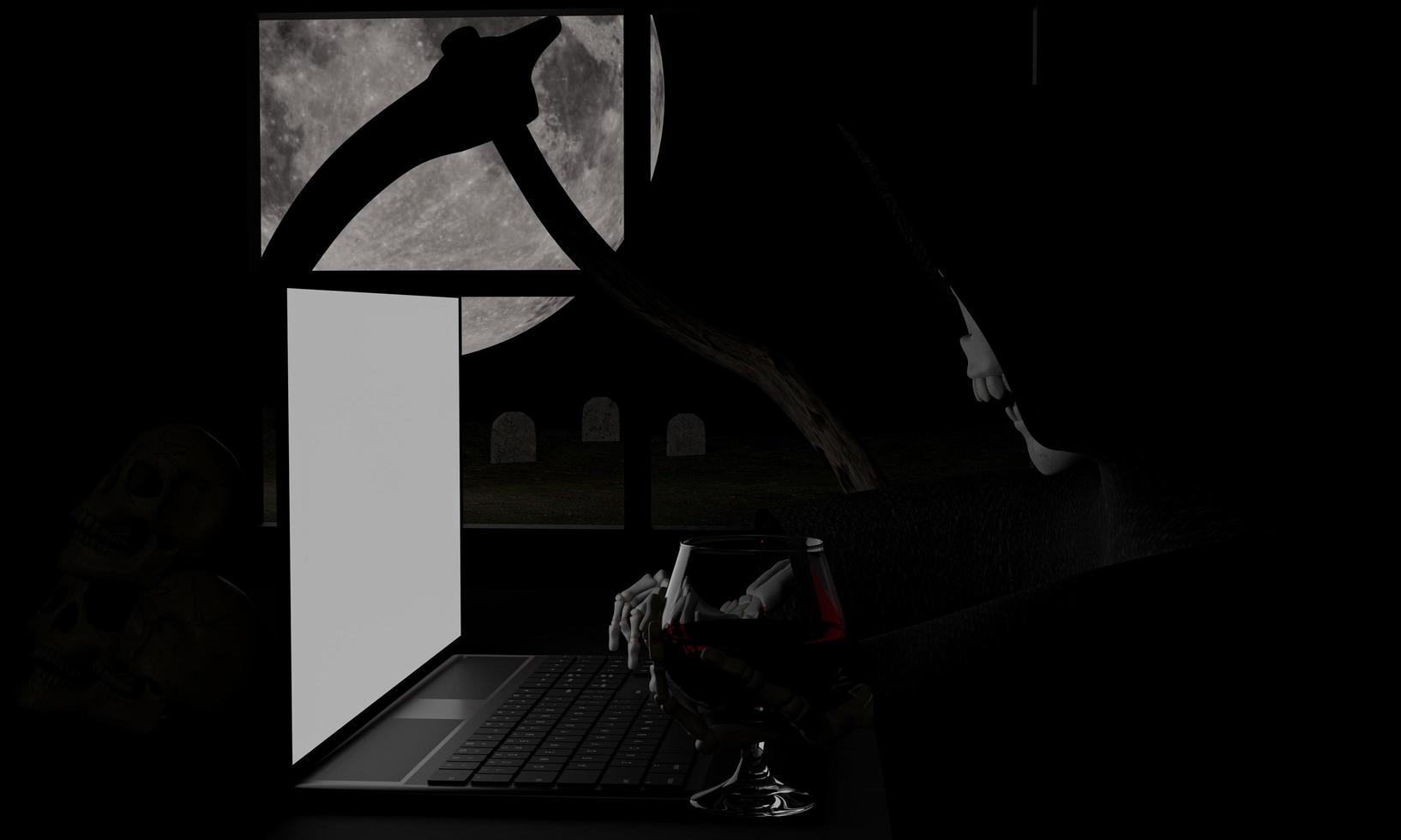 The demon skull or Satan. Black hooded hood. Use the Labtop or Computer Notebook. Blank white screen. Wine glass in the bone hand. 3D Rendering photo