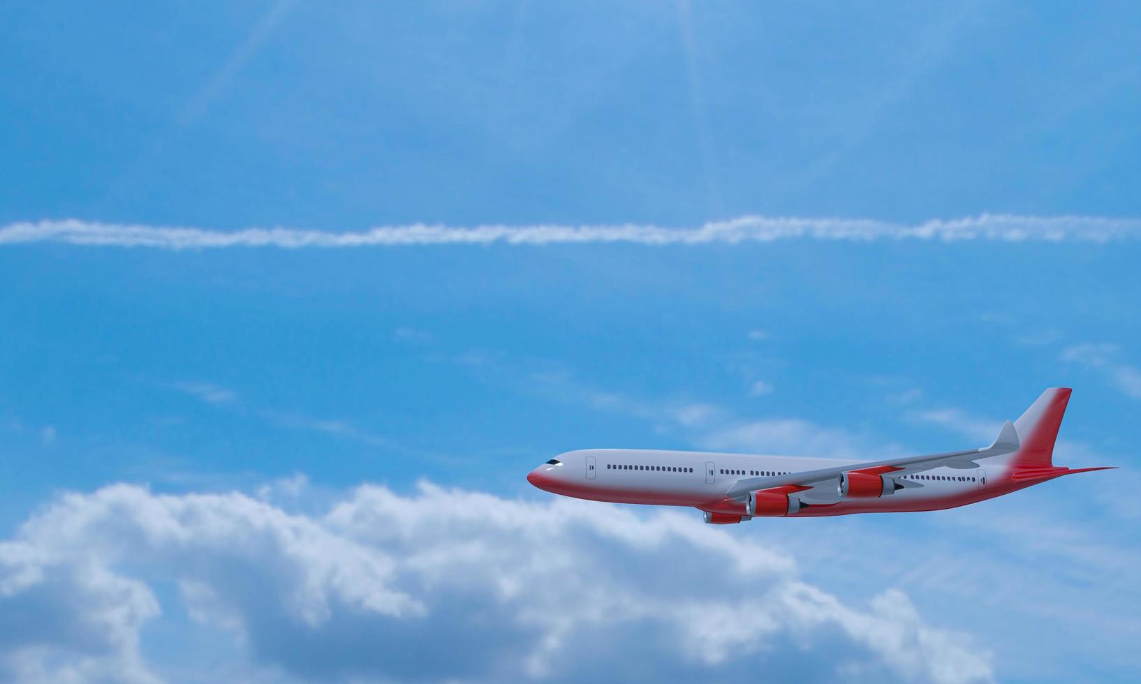 Passenger plane White red stripes flying in the sky on a bright blue day, white clouds in the daytime. To view, see the top of the machine And the upper wing. 3D Rendering. photo