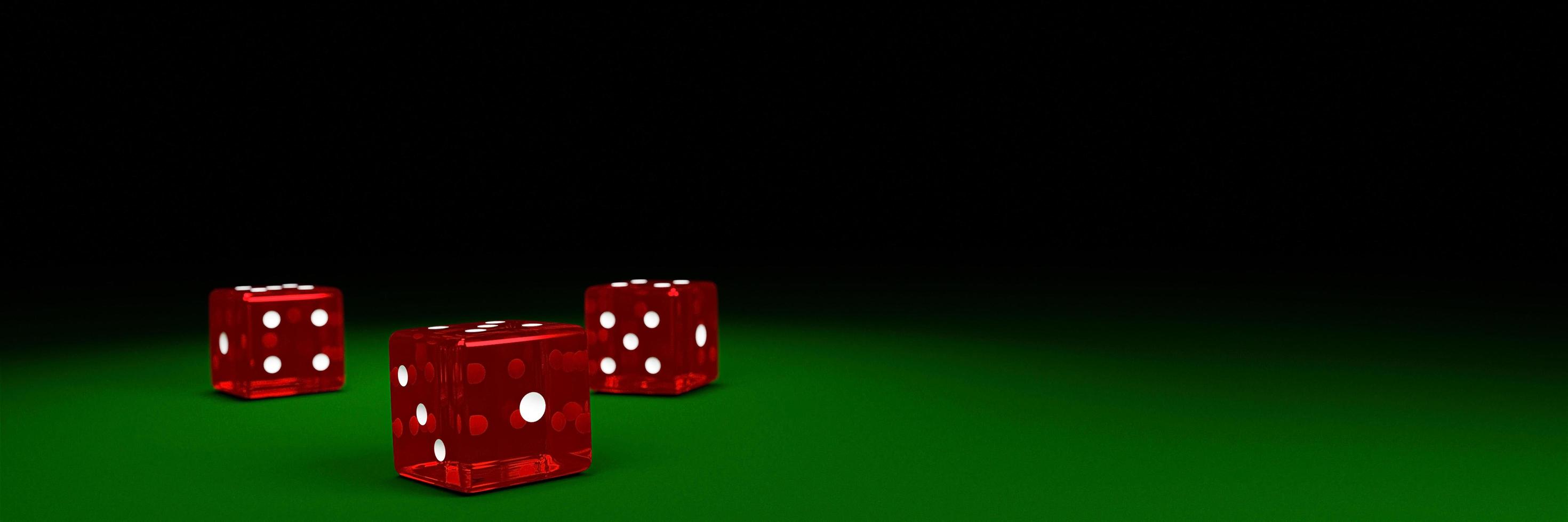 Transparent red dice are falling on the green felt table. The concept of dice gambling in casinos. 3D Rendering photo