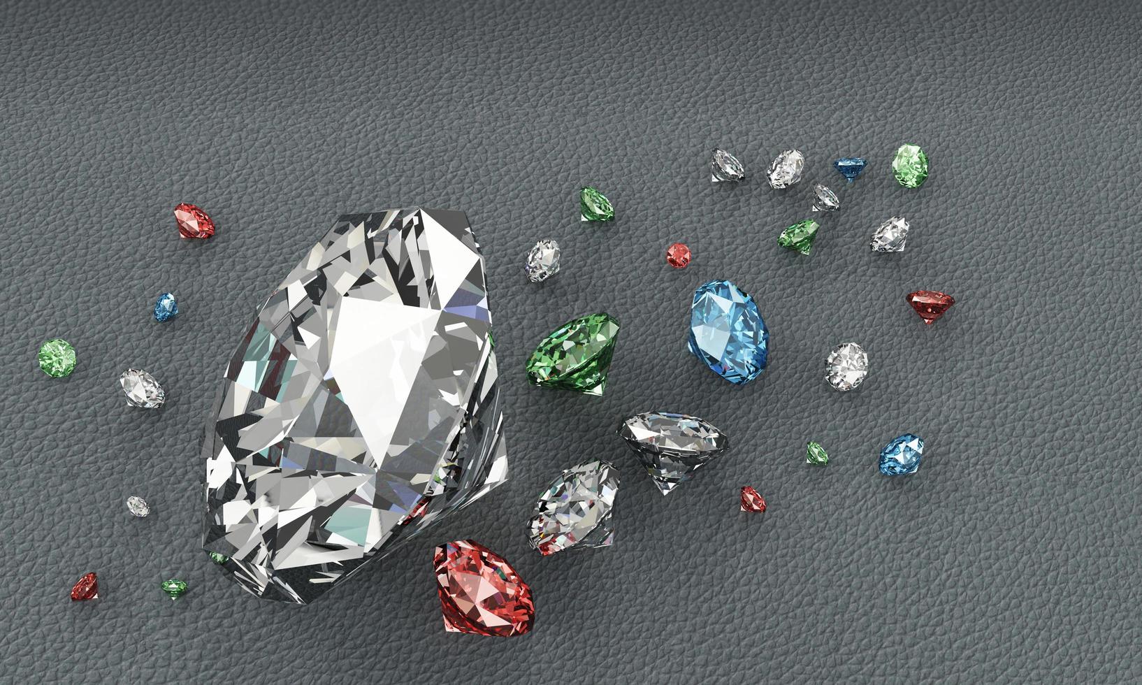 diamantes multicolores en la superficie de cuero de la representación 3d. concéntrese en el diamante grande y desenfoque pequeño. foto