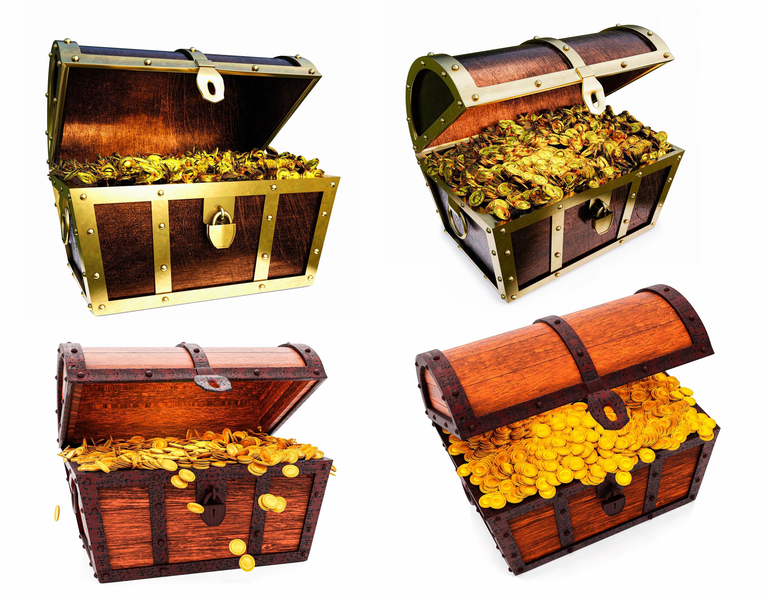 Set of Numerous gold coins spilled out from the treasure chest. Old