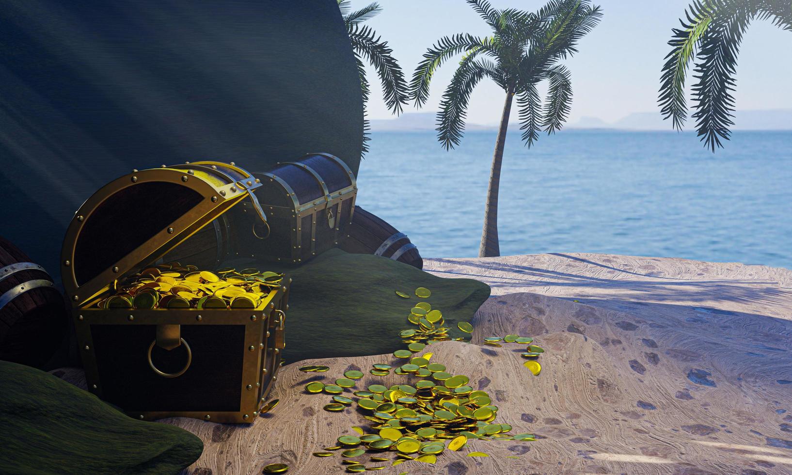 Gold coins are scattered from boxes or treasure chests. wooden treasure chest put on the beach at a deserted island in the theme of Pirate treasure. 3D rendering photo