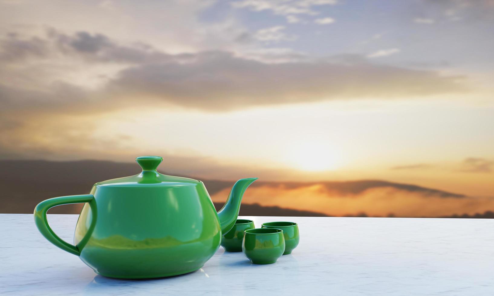 tetera de jade y juego de té de vidrio sobre una mesa de mármol blanco tiene un fondo de montaña y sol de mañana. representación 3d foto