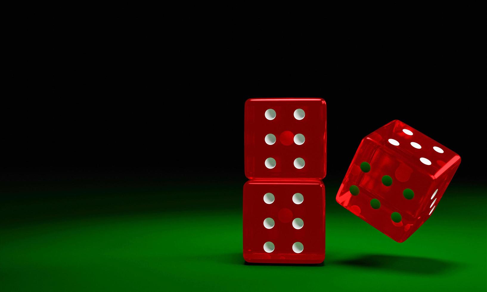 dados rojos transparentes caen sobre la mesa de fieltro verde. el concepto de juego de dados en los casinos. representación 3d foto