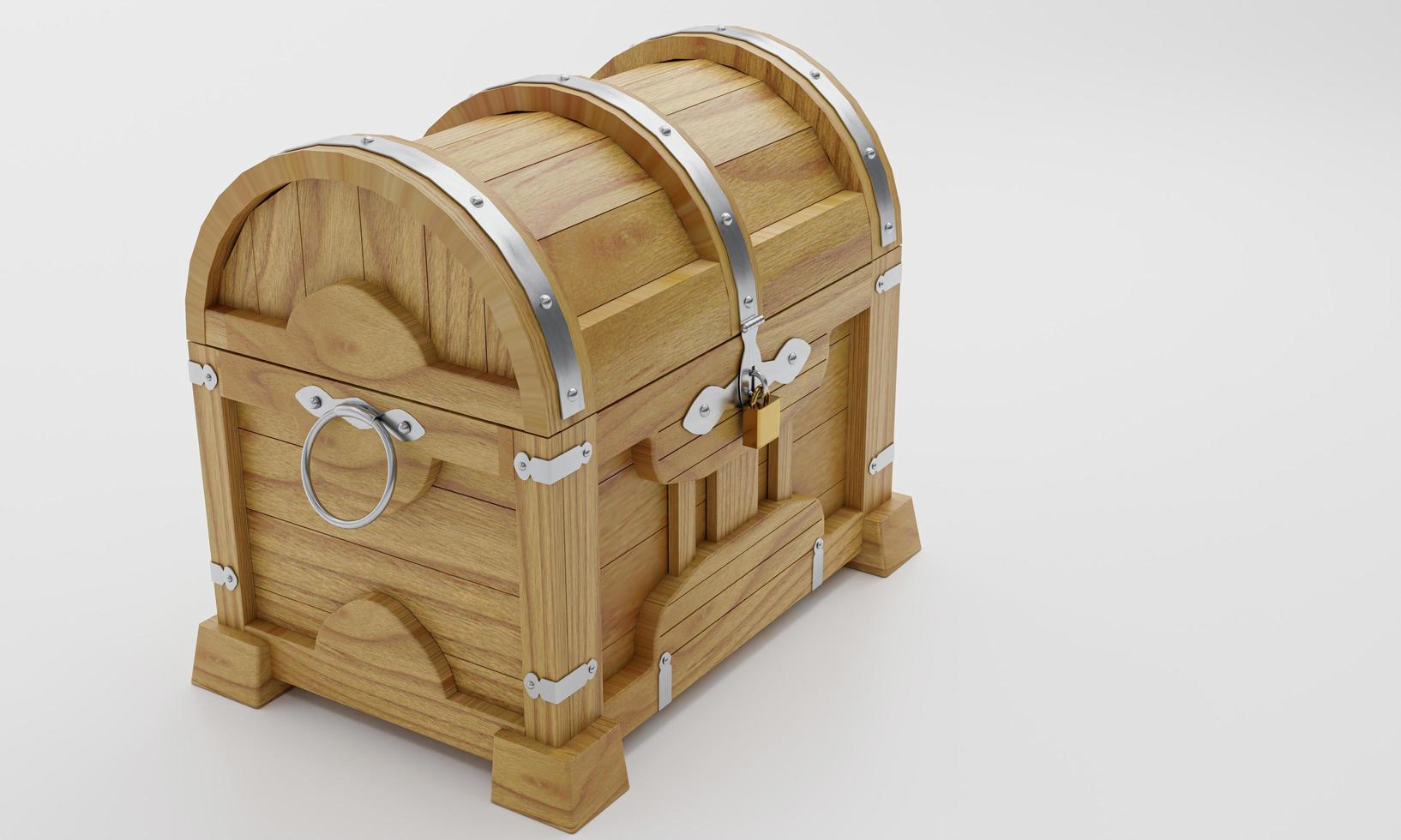 New antique treasure chest, made of teak, reinforced with metal plates and pins, locked with a golden padlock. White floor and background.3D Rendering photo