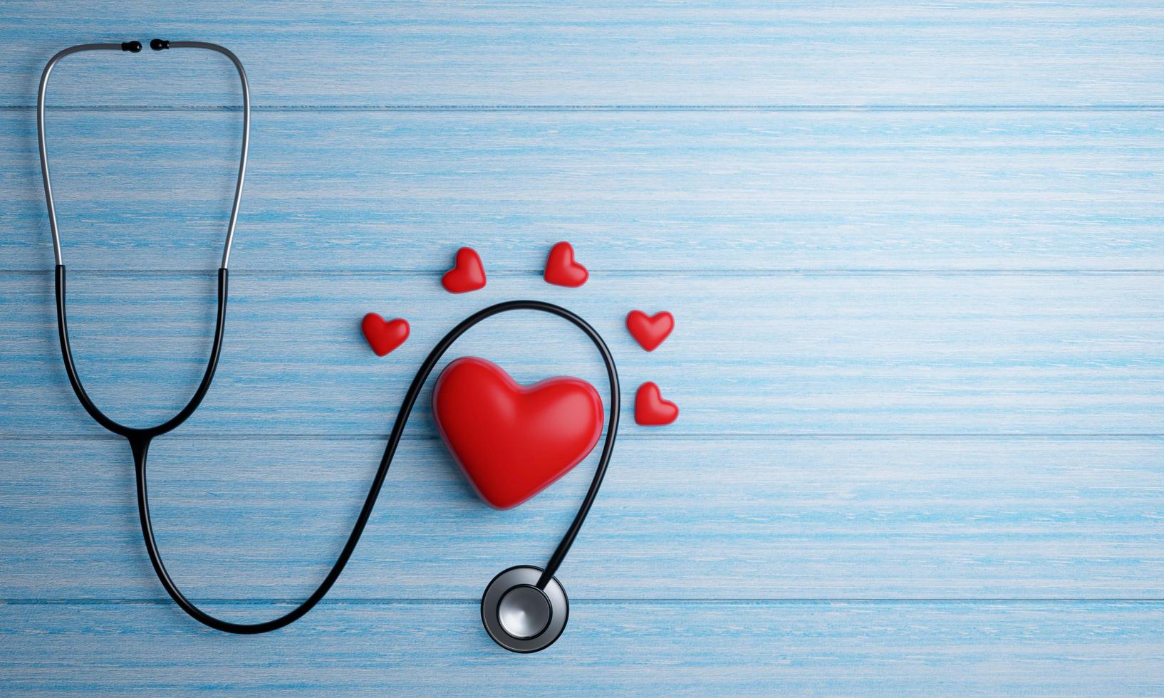 Medical stethoscope On the blue plank floor. Small and large red heart shaped models. 3D Rendering. photo