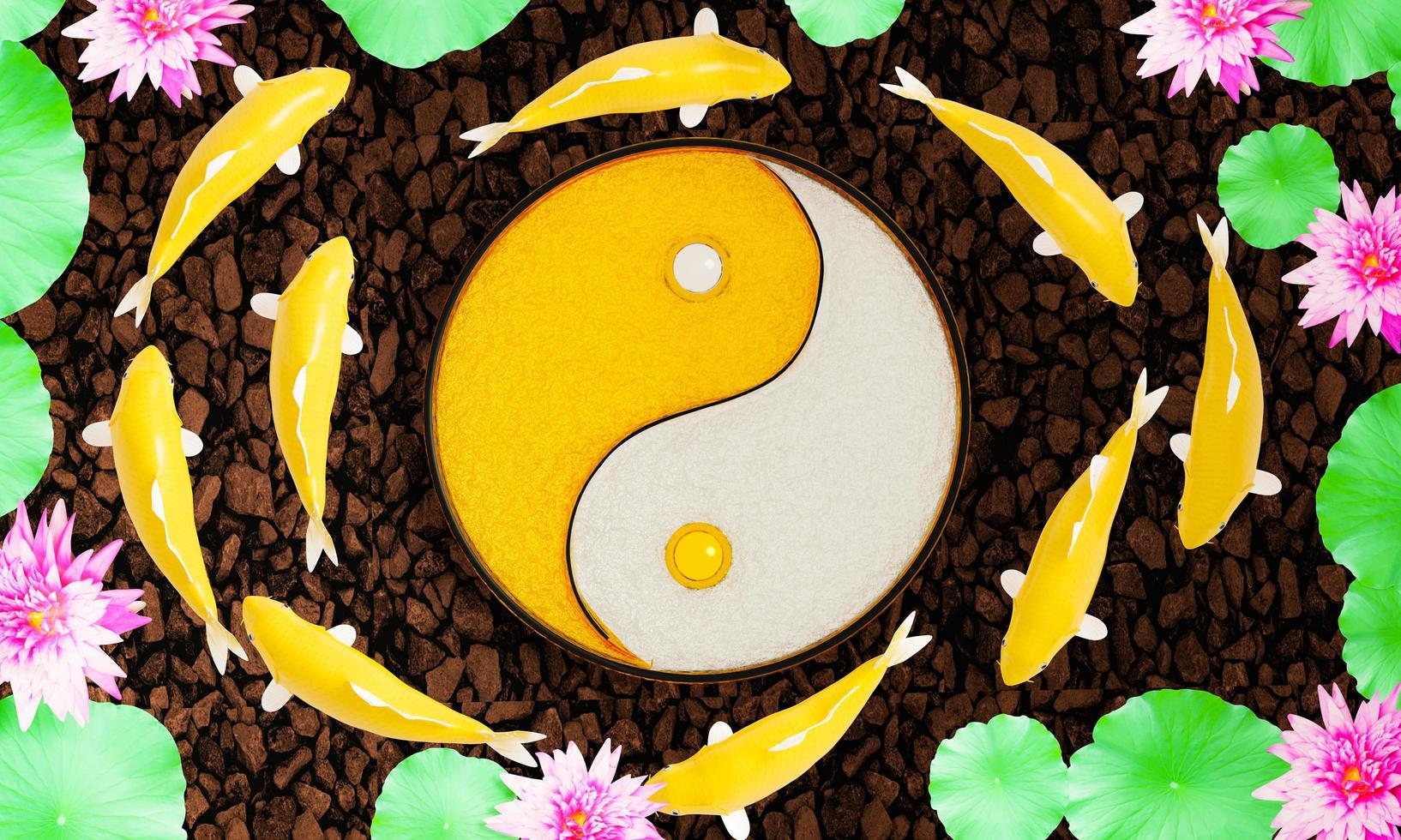 Koi or fancy koi fish swim in a circle. Conveys good fortune in feng shui. Fish swimming in a lotus pond With pink lotus flowers The pond floor is a river rock. 3D Rendering photo