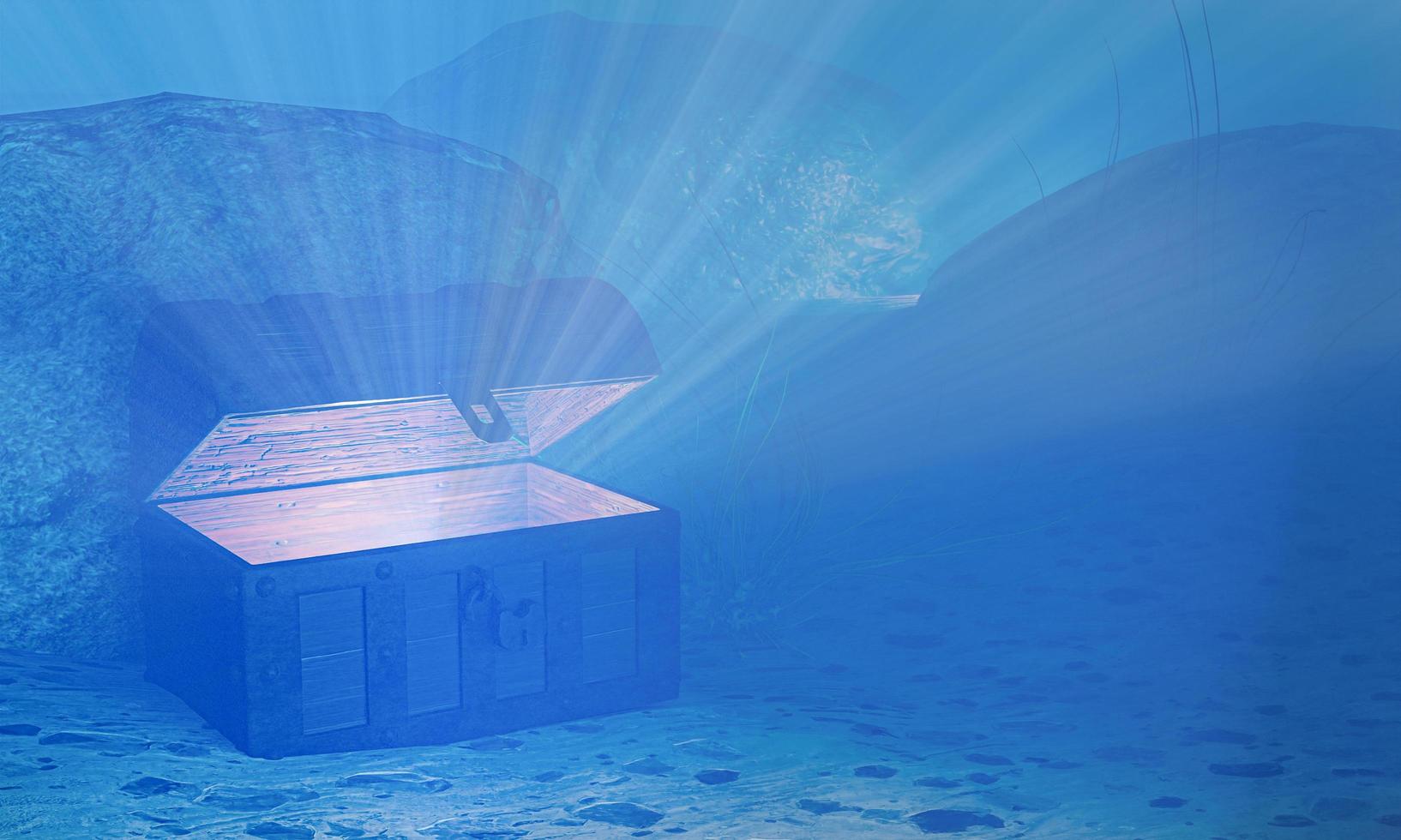 The old treasure chest sunk under the sea. The light shone out of the treasure chest. Under the sea atmosphere, there are rocks, sand. 3D Rendering photo