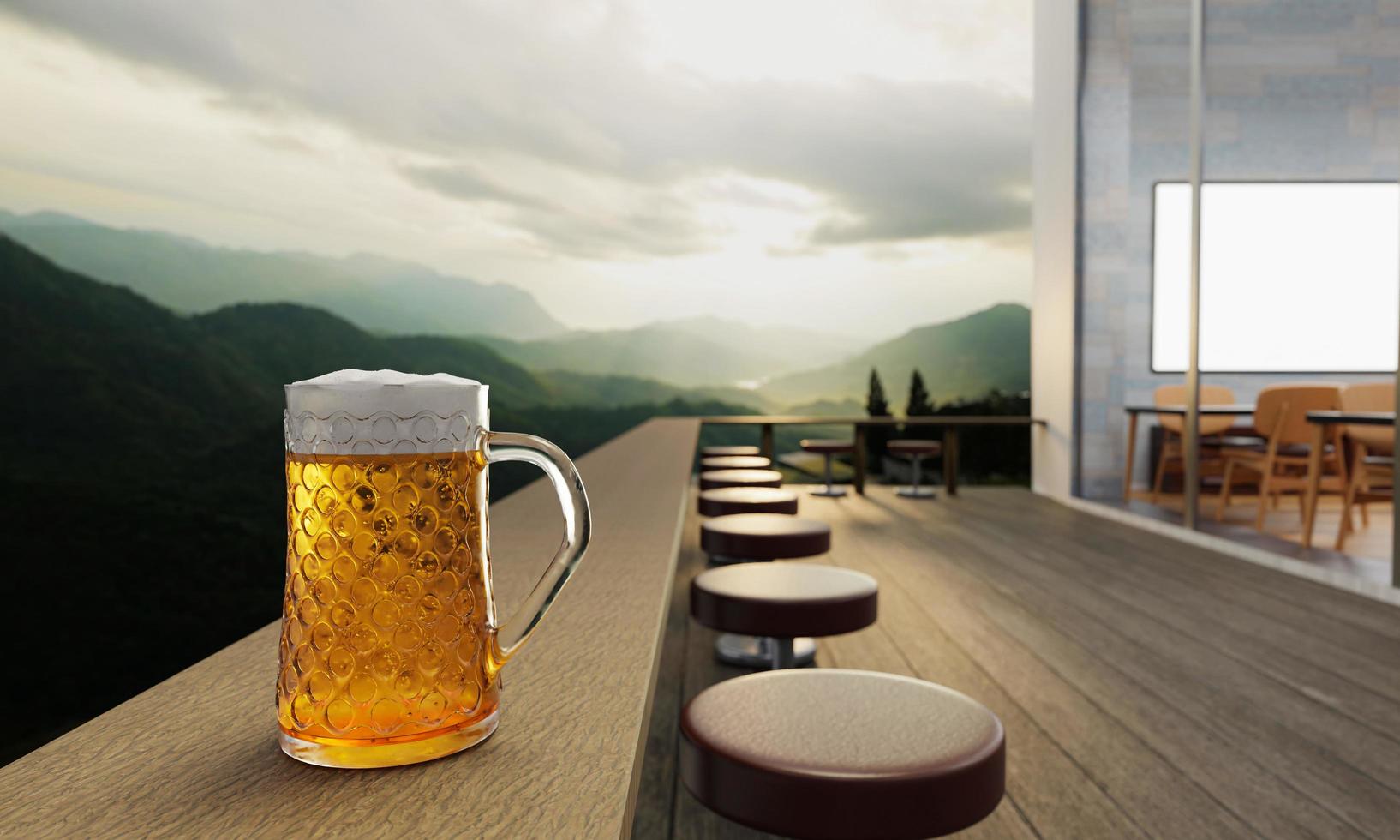 cerveza de barril o artesanal en vidrio transparente con espuma de cerveza en la parte superior puesta en un juego de mesas y sillas de madera. asientos de salón en la terraza de madera con fondo de montaña con luz de dios o luz solar.representación 3d foto