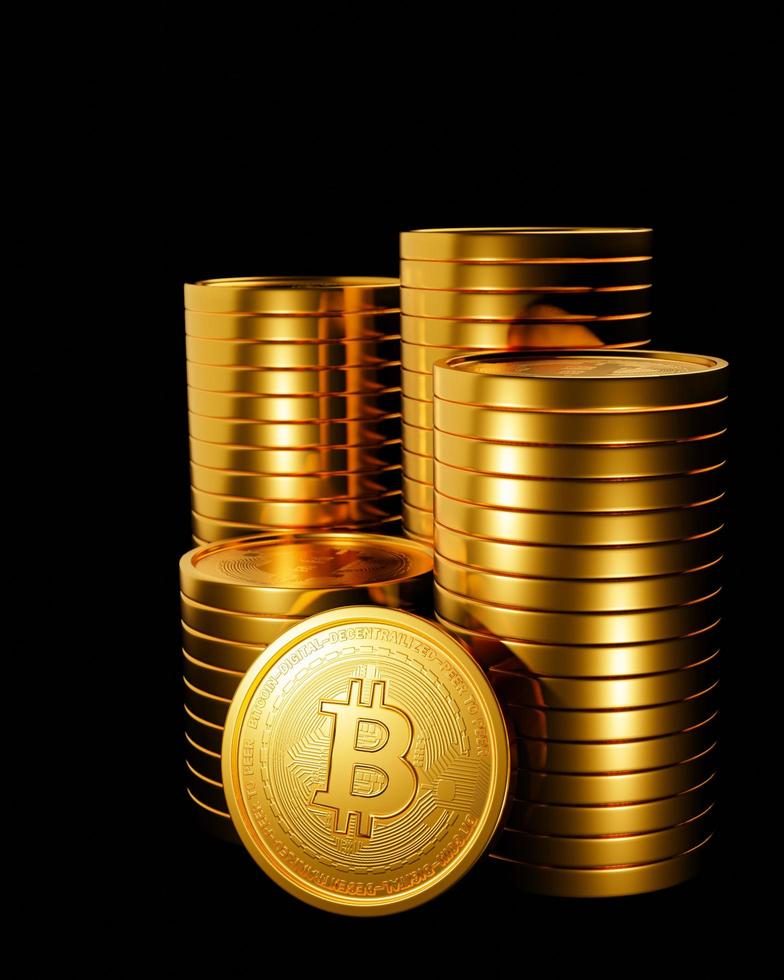 la moneda de oro tiene un símbolo de bitcoin. criptomoneda el formato de la moneda se apila sobre un fondo negro. criptomonedas para el comercio de productos básicos, negocios, tecnología. representación 3d foto