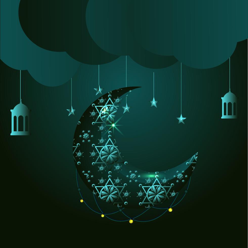 Islamic Ramadan Kareem banner background with crescent pattern moon star mosque lantern. vector