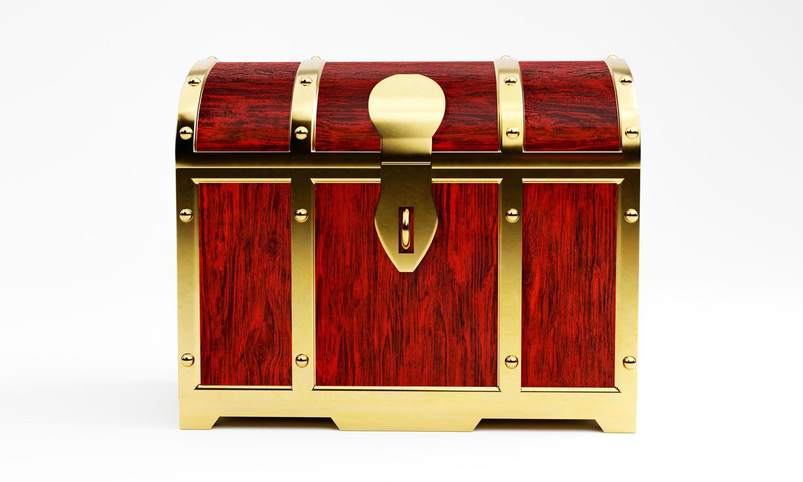 Treasure chest or retro treasure box Made with red painted wood and gold metal. Placed on white floor and background. 3D Rendering. photo