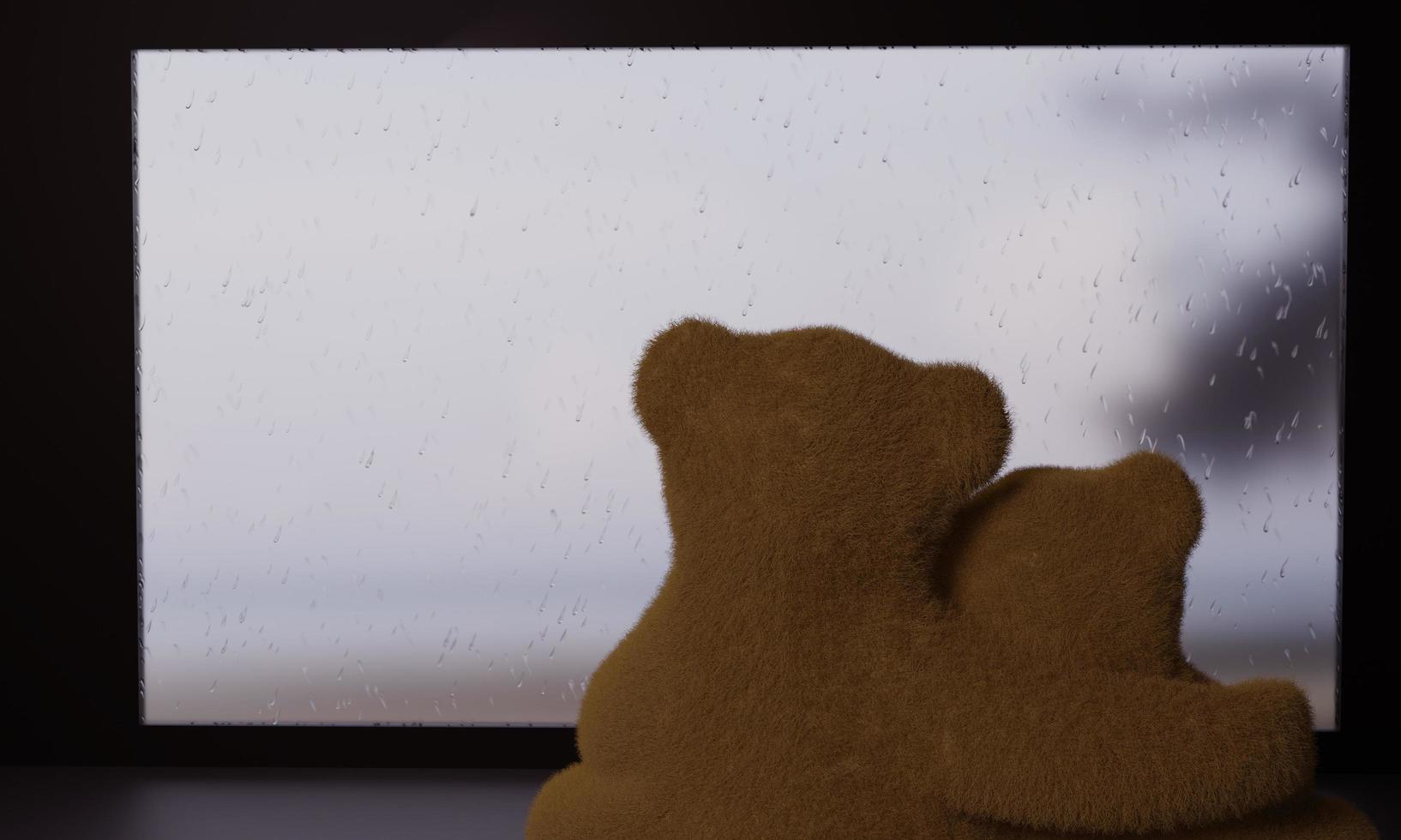 el oso de peluche marrón se abraza como un amante romántico sentado a través del cristal en un día lluvioso y llueve sobre el cristal. vista al mar en un día lluvioso a través del cristal. representación 3d foto