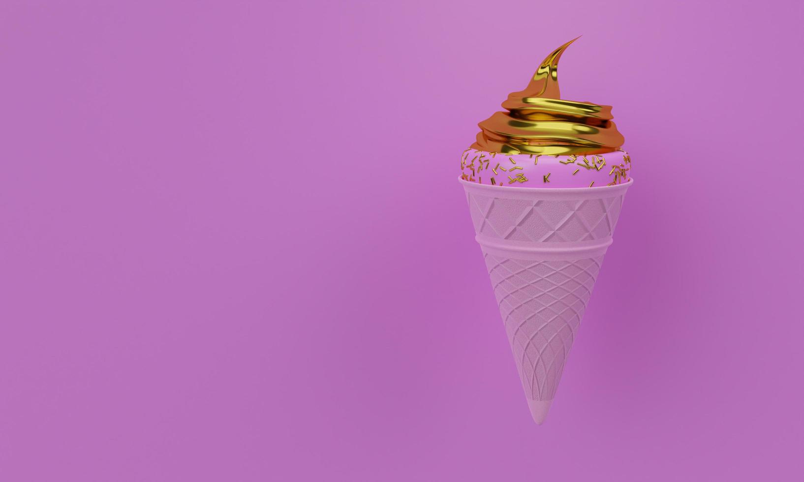 Pink ice cream cone. Crispy waffles and pink ice cream texture. Golden ice cream filling covered with golden sugar sprinkle dots. Ice cream on a pink background. 3D Rendering photo