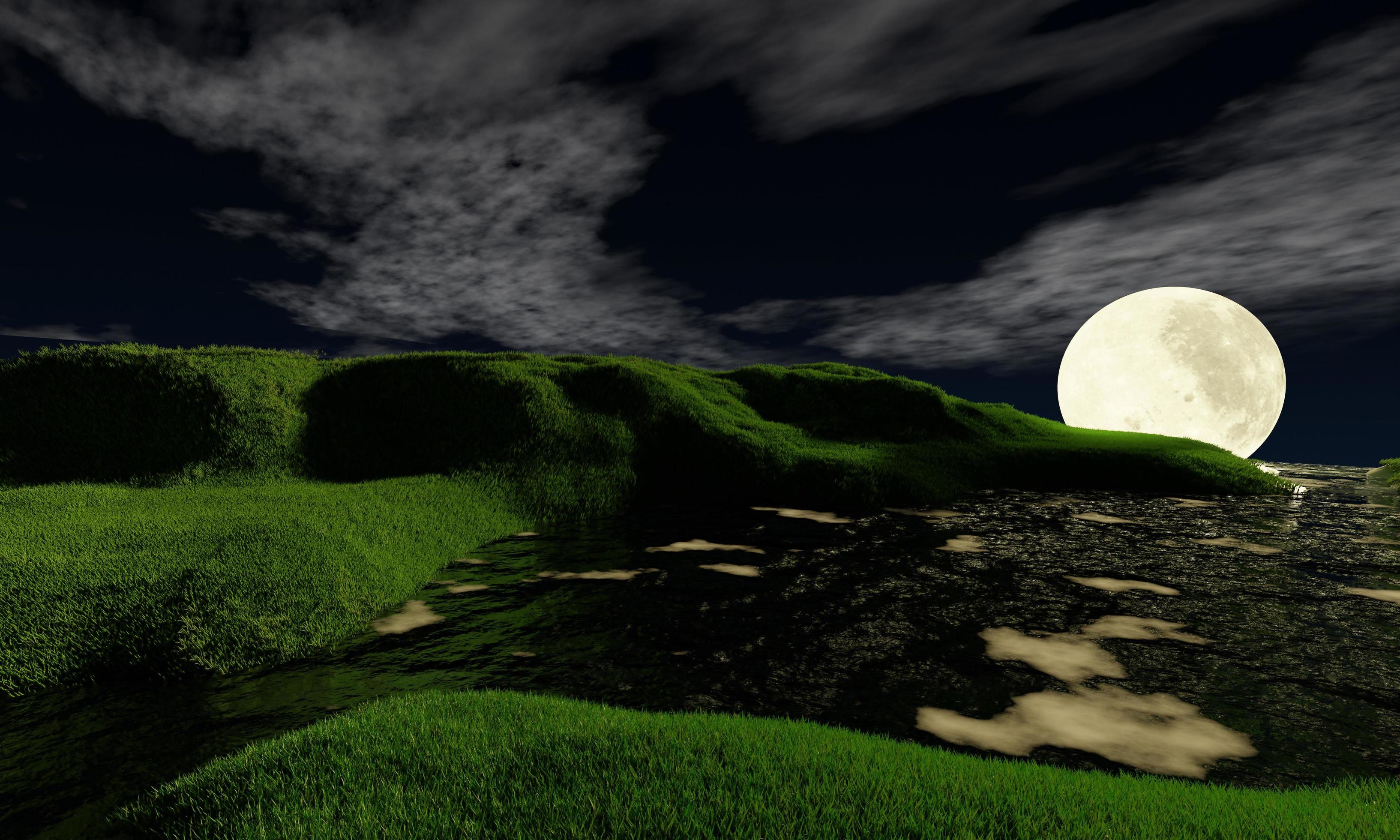 Full moon and white cloud in dark sky. Plain landscape background for  summer night poster. The best view for holiday. picture of green grass  field and full moon with white clouds. 3D