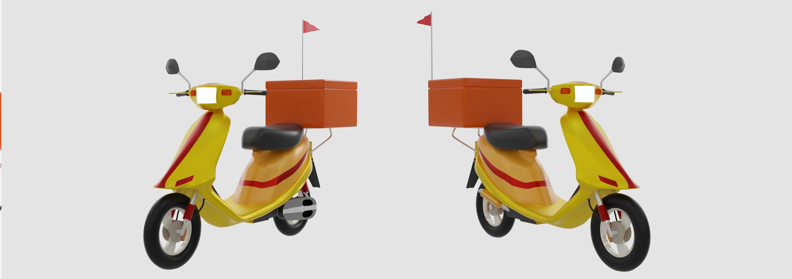 motocicleta modelo amarilla con caja naranja y fragmento rojo para la entrega de alimentos conceptuales. aislado sobre fondo blanco y papel tapiz. representación 3d foto