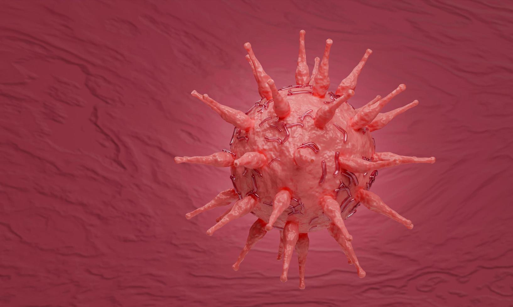 una imagen de virus o modelo rojo coronavirus covid-19. el concepto de un virus propagado sobre un fondo rojo y rugoso. representación 3d foto