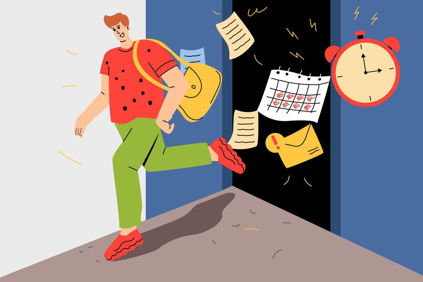 A man runs away from work, the end of the working day. Work in the office. No overwork vector