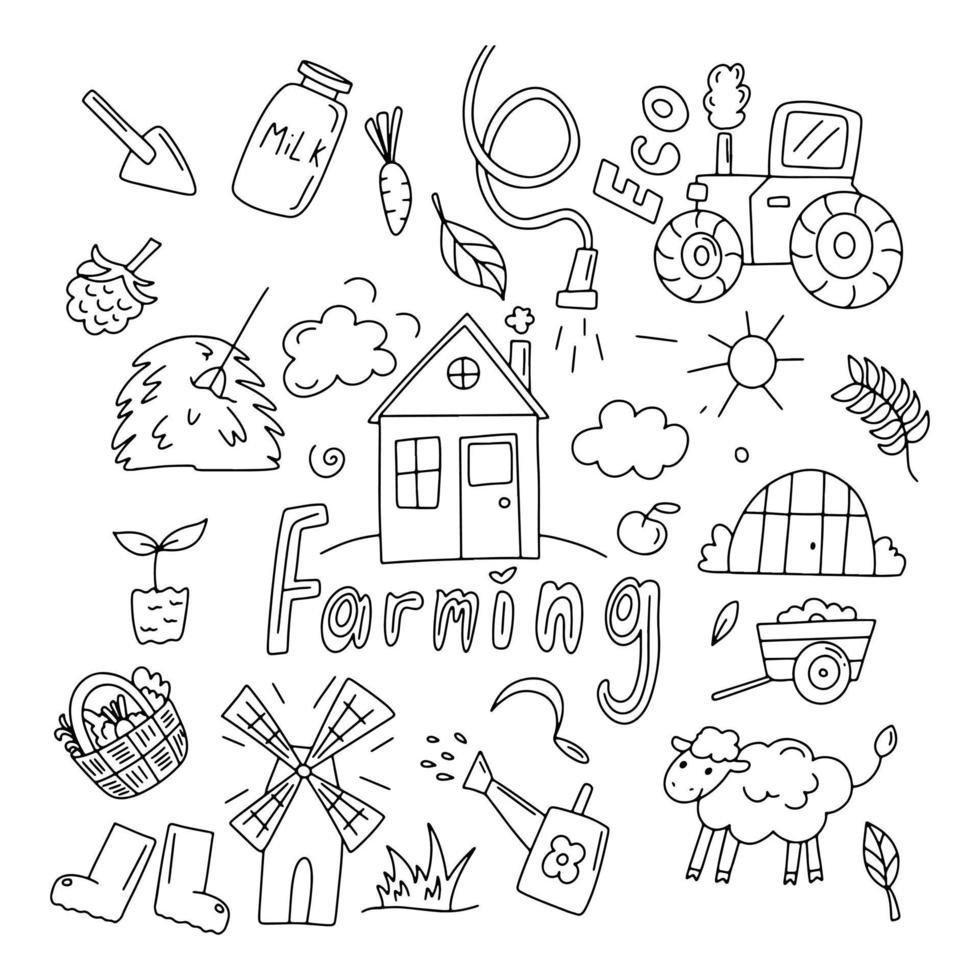 Doodle icons for farming. A large set of hand-drawn elements with a tractor, a mill. vector