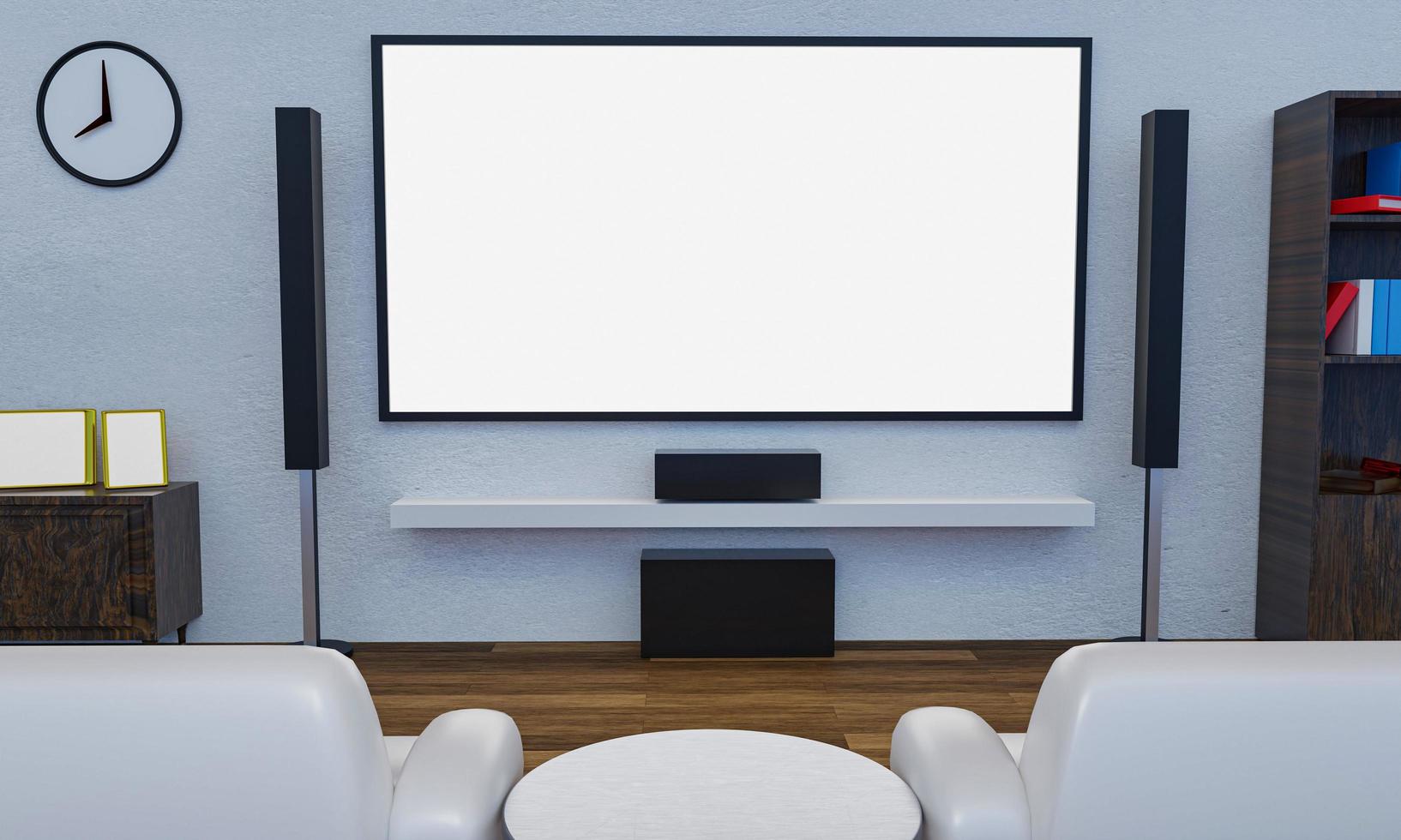 cine en casa en la pared de yeso blanco. Tv de pantalla grande y equipo de audio para mini cine en casa. sofá blanco y mesa sobre suelo de madera. representación 3d foto