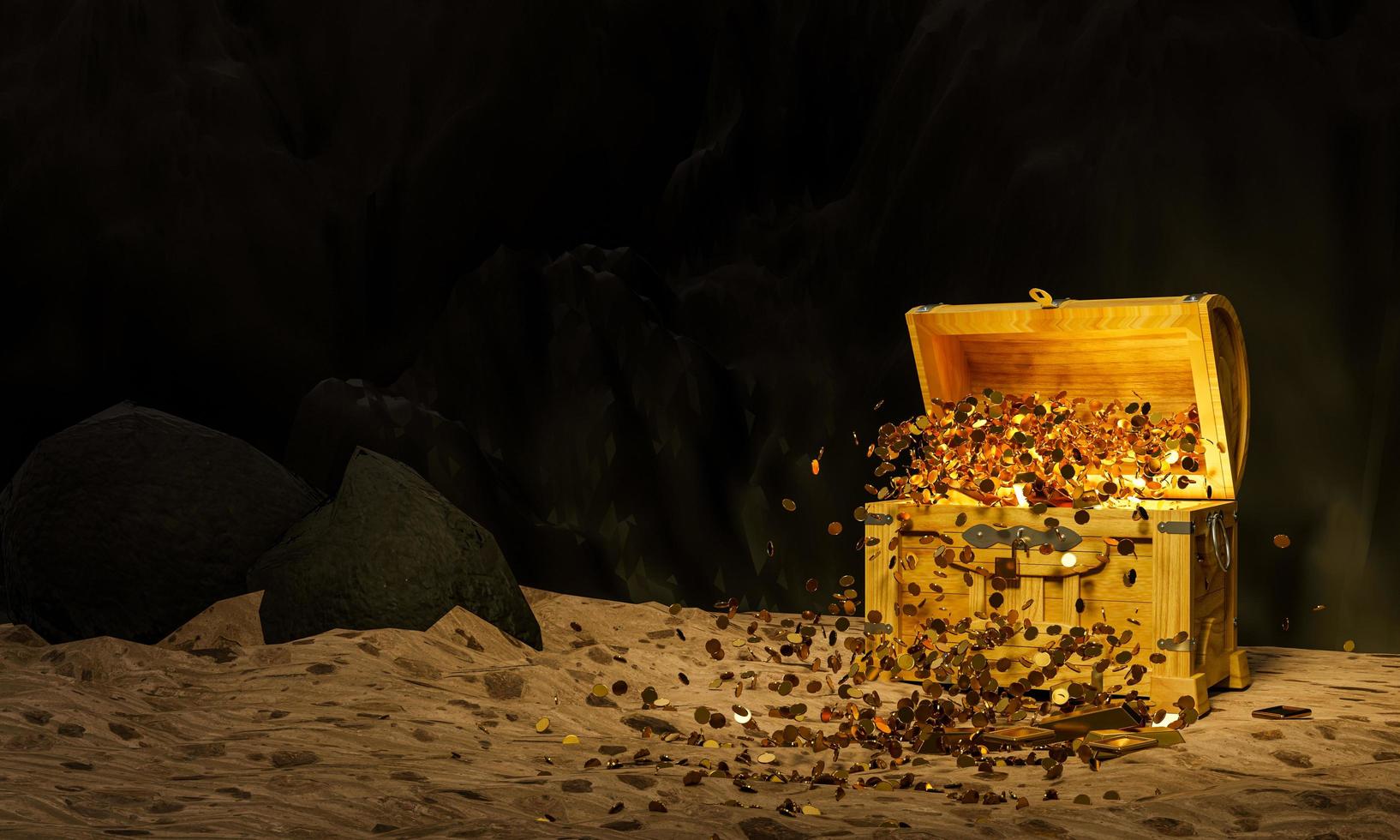 Old or vintage treasure chests or chests with gold coins spread out on the sand with a cliff background or cave rocks. 3D Rendering photo