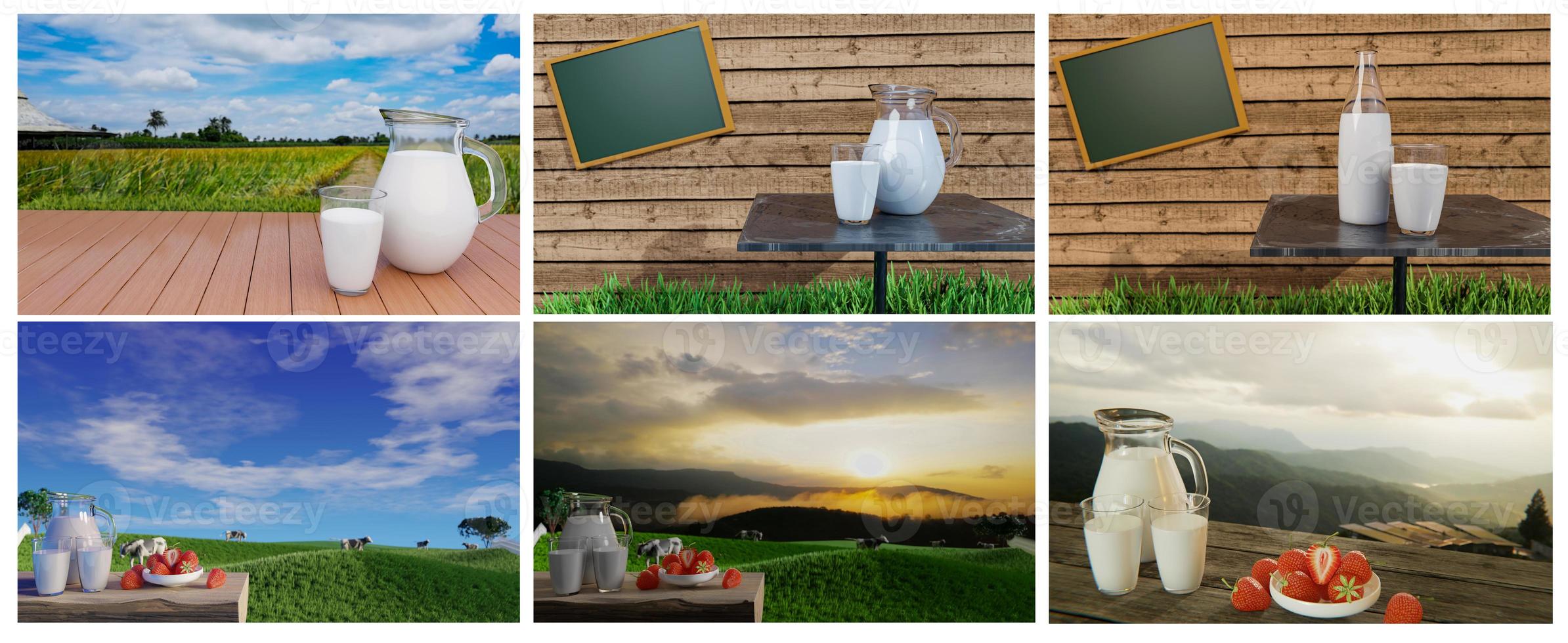 Set of Fresh milk in clear glass and milk jug on the reflective plank floor. Bright green grassland cows are walking freely and enjoying eating grass. Clear blue sky with white clouds. 3D rendering photo