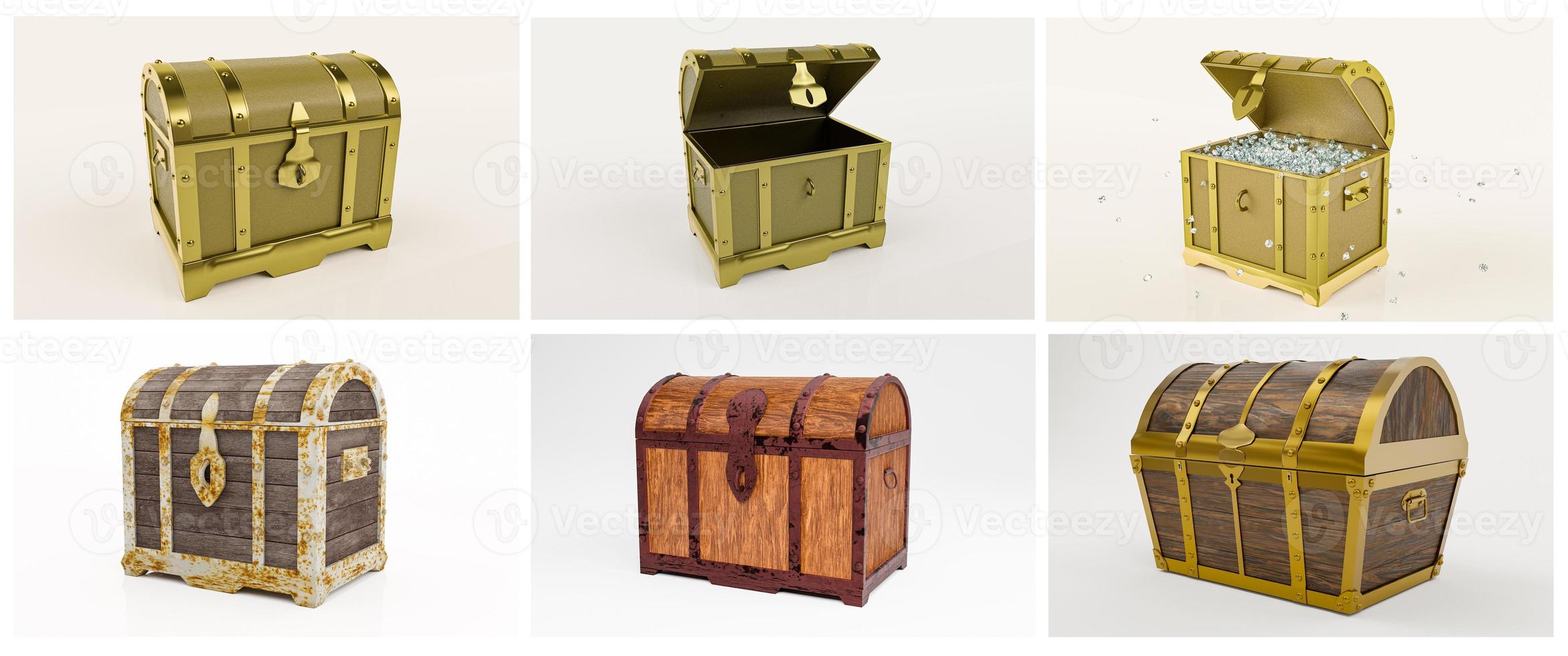 Set of Ancient treasure chest is made of gold wood and metal plates with golden pins. Treasure chest with keyhole. Materials from Plank and gold metal. Background and white wallpaper. 3D Rendering photo