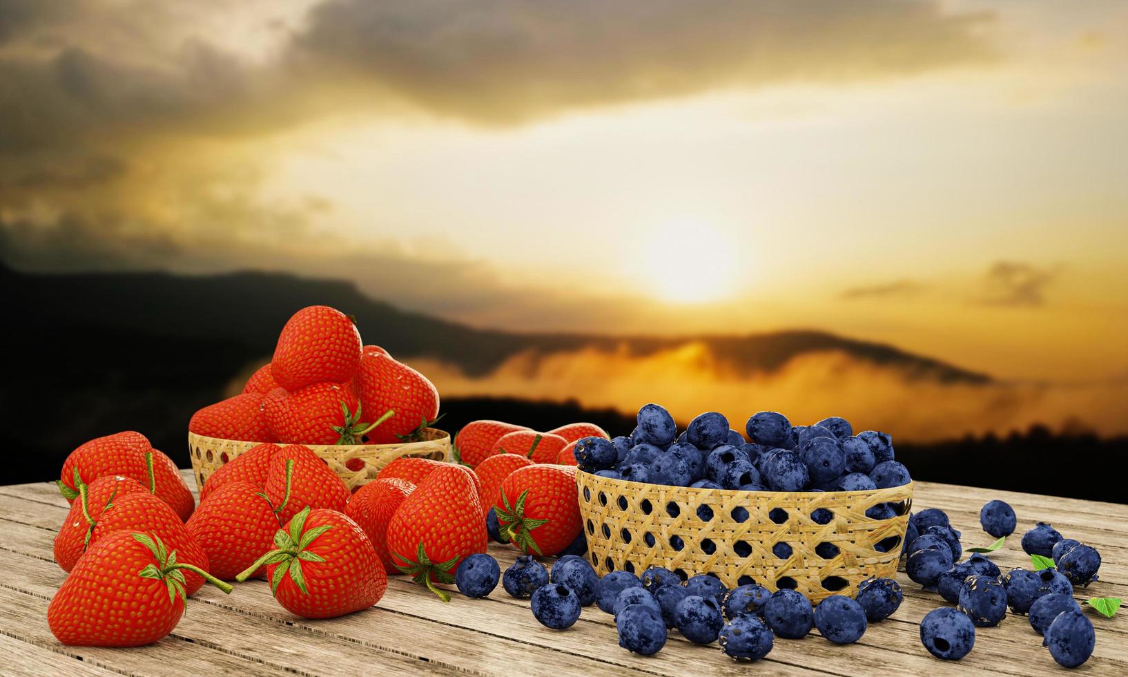 Fresh strawberries and blueberries in a bamboo basket. Berries are placed on a wooden surface. It has a background of intricate mountain scenery and sunlight, morning sun, and fog. 3D Rendering. photo