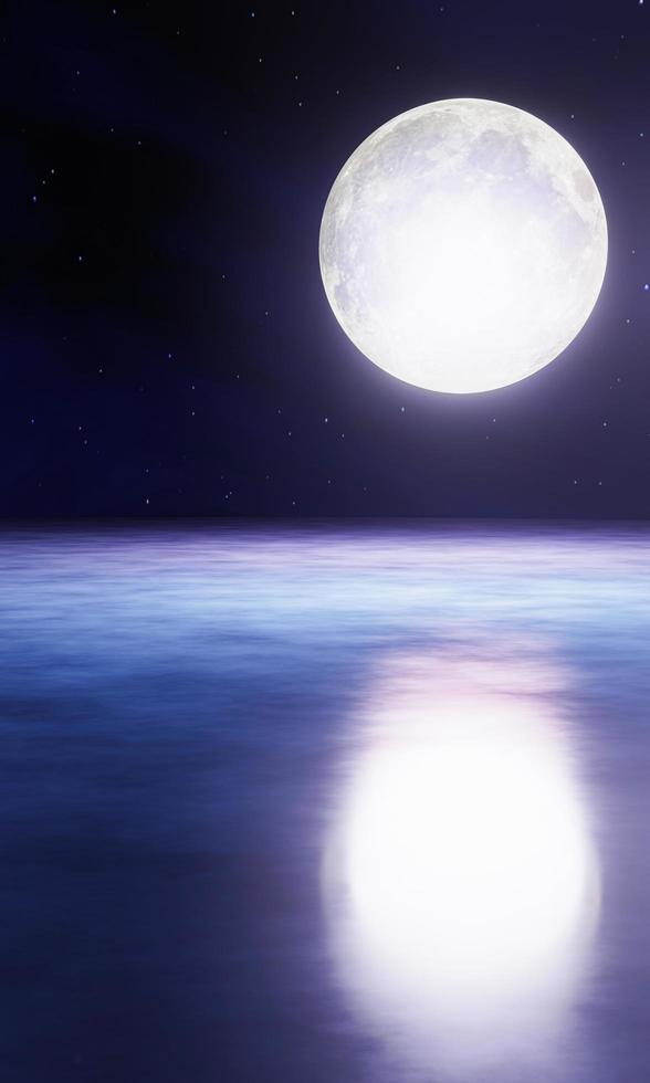 The blue full moon is reflected in the sea. A wave of water from the ocean to island. The sky has many stars. Ripples on the sea at night. 3D Rendering photo