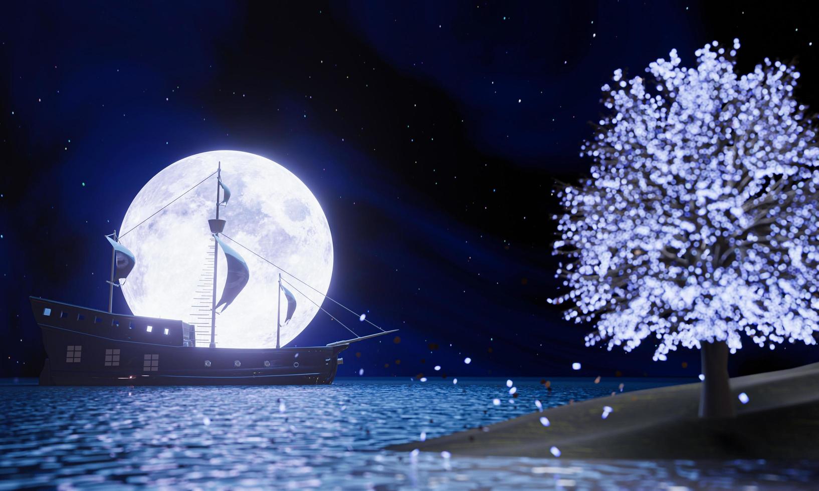 Pirate ships on the sea or ocean in front of the full moon. Pirate ship silhouette past Super Moon with reflection on the water surface. glowing tree On the out-of-focus side is bokeh. 3D rendering photo