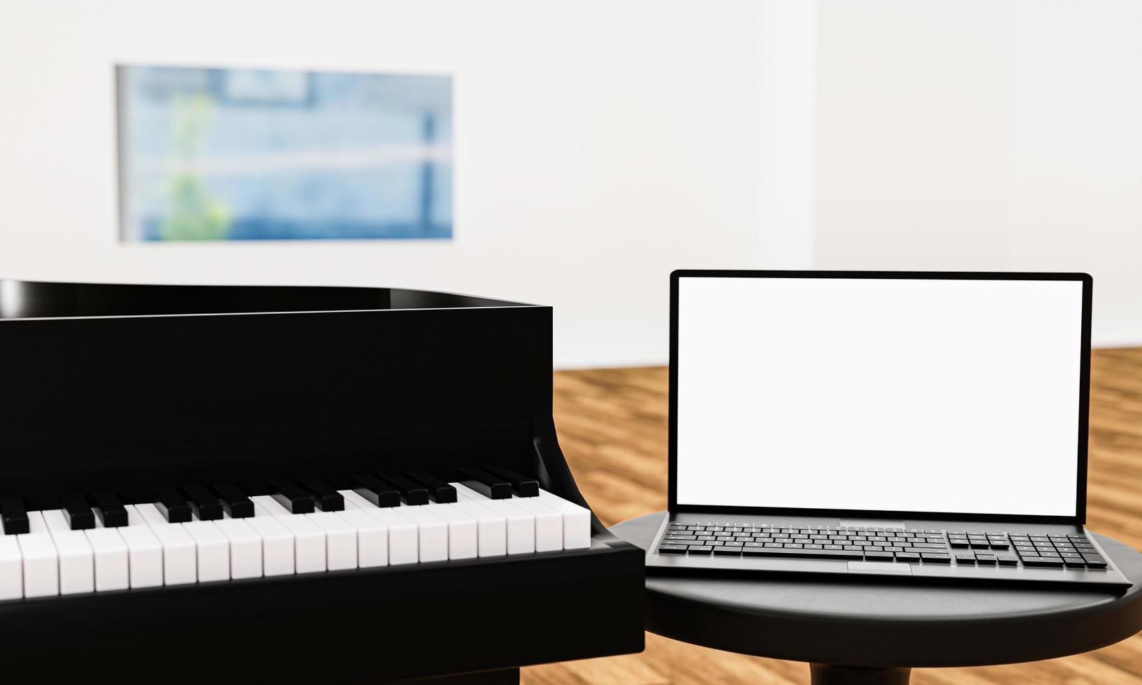 Learn piano online by yourself. Use a tablet or computer to learn piano tutorials online. The black grand piano has a tablet placed on a notebook stand. 3D Rendering. photo