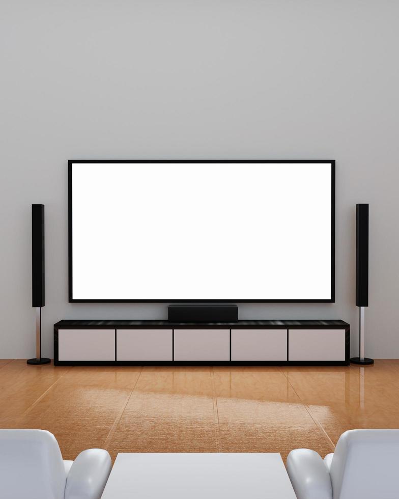 Home Theater on white plaster wall. Big wall screen TV and  Audio equipment use for Mini Home Theater. white sofa and table on wooden floor. 3D Rendering. photo