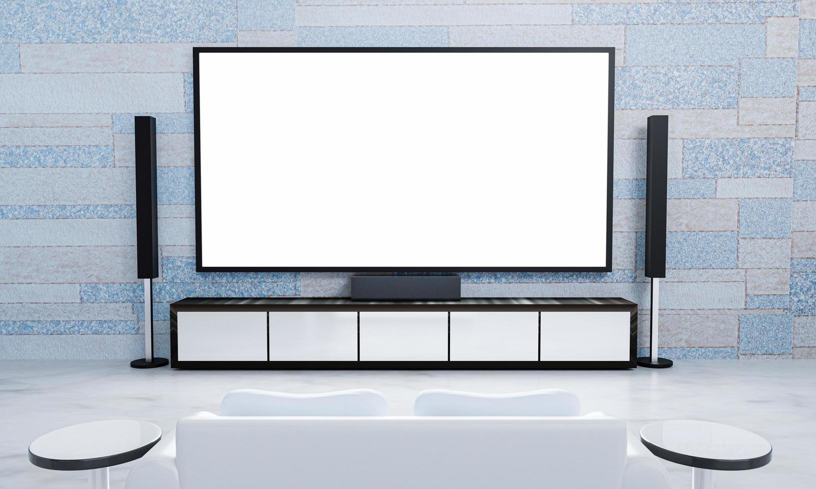 Home Theater brick marble pattern wallpaper without people. Screen TV and  Audio equipment for Mini Home Theater in Living room. White sofa bed on the marble floor. 3D Rendering. photo