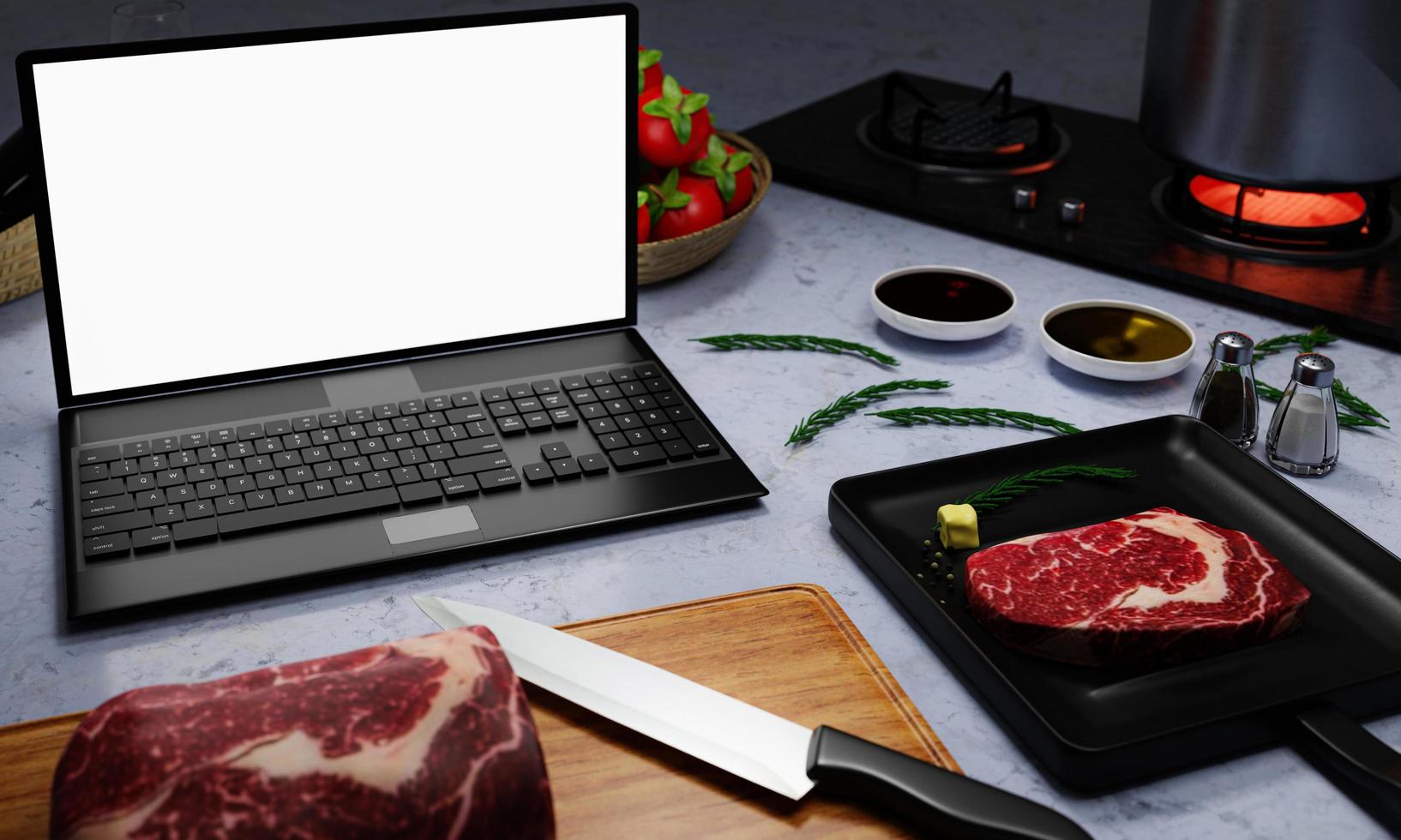 Learn to cook online. How to cook food and recipes from the internet. Meat for cooking steak on the pan. There is butter and pepper. Computer or Laptop for studying online in the kitchen. 3D Rendering photo