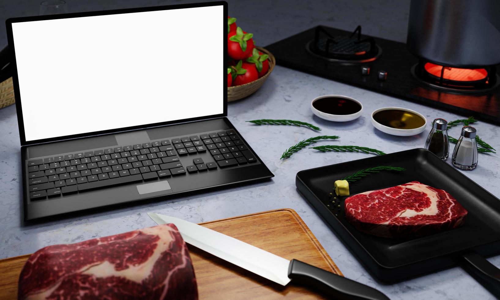 aprender a cocinar en línea. como cocinar comida y recetas de internet. carne para cocinar bistec en la sartén. hay mantequilla y pimienta. computadora o computadora portátil para estudiar en línea en la cocina. representación 3d foto