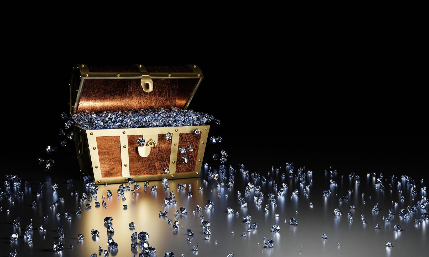 Many diamonds in a golden vintage treasure chest and falling down to the ground used for the Gem storage box concept. A treasure on black background and reflection on the floor. 3D Render. photo