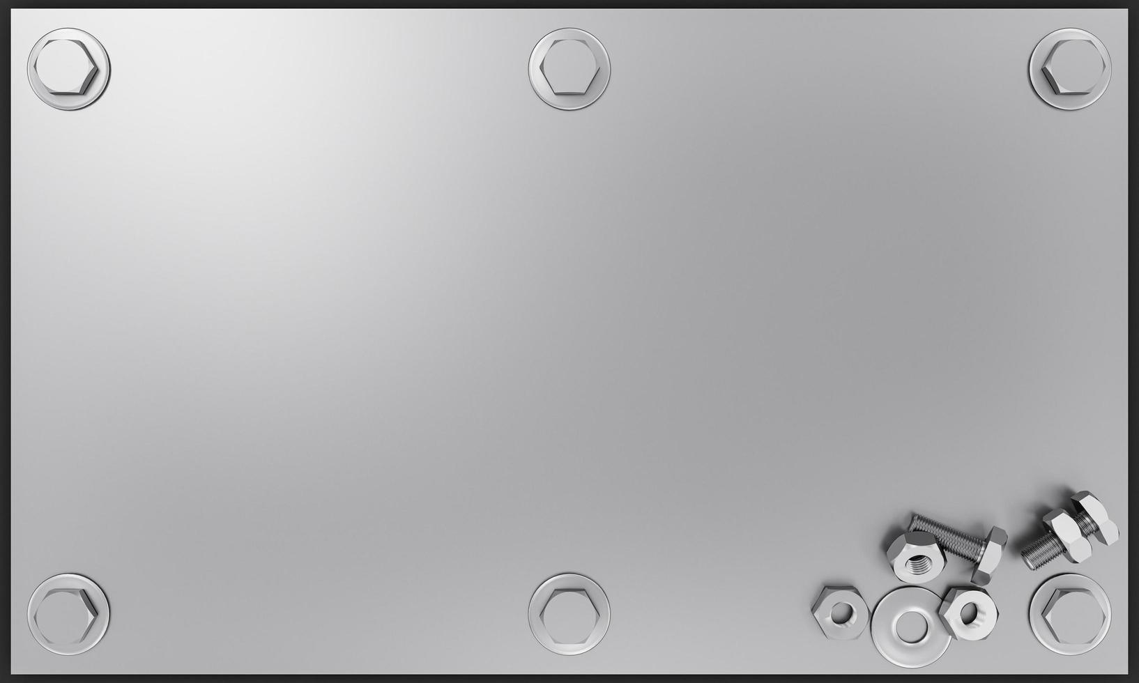 The silver metal plate has bolts and nuts attached to the corners. Nut and bolts placed on a silver metal plate. 3D Rendering photo