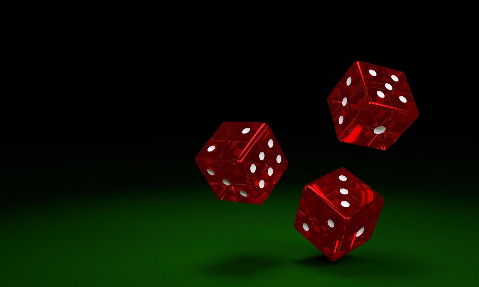 Transparent red dice are falling on the green felt table. The concept of dice gambling in casinos. 3D Rendering photo