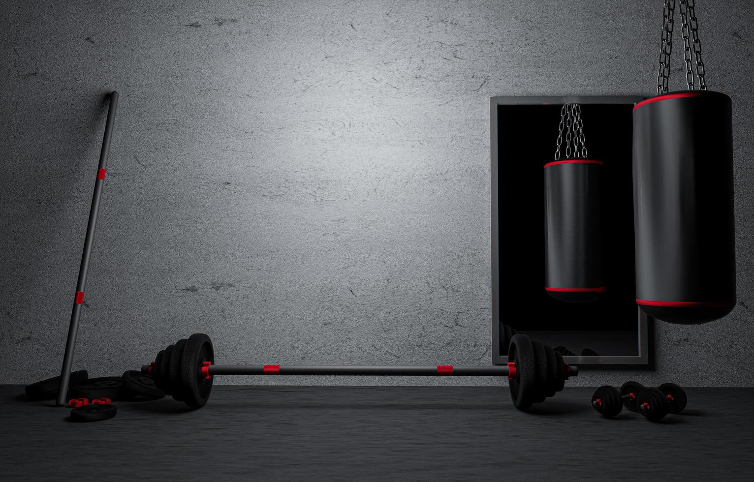 Sandbag with dumbbells  and Barbells color black in fitness room at home. Gray Plaster and dirty old wall. Fitness equipment for workout in Gym.Barbell with weights plate on floor. 3D rendering photo