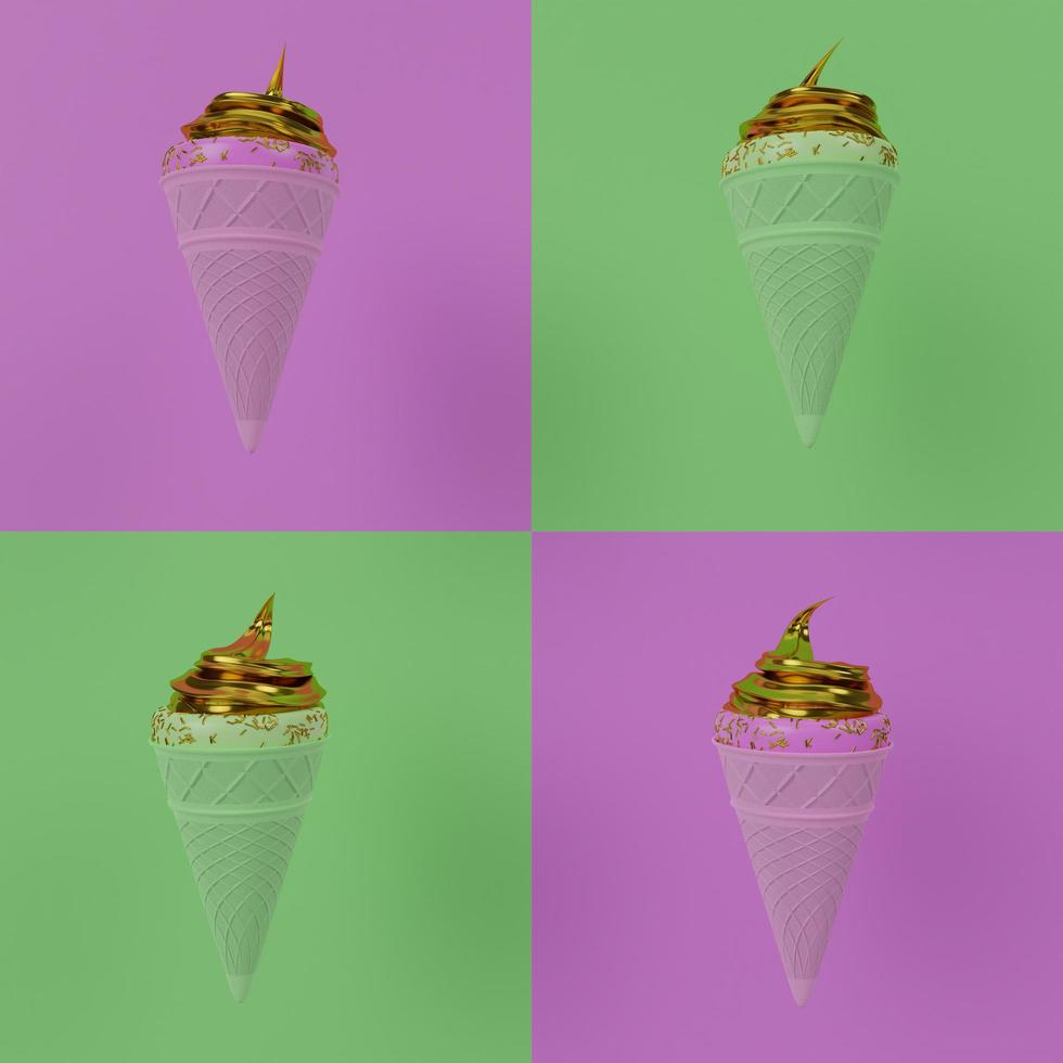 cono de helado verde lima y rosa sin costuras. gofres crujientes y textura de helado rosa. relleno de helado dorado cubierto con puntos dorados de azúcar espolvoreado. helado sobre un fondo rosa. representación 3d foto