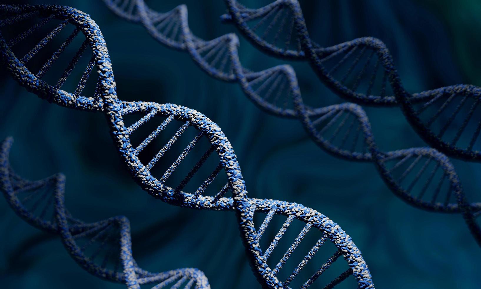 DNA molecule spiral structures on abstract dark blue background. Biology, science and medical technology concept. 3D illustration and rendering photo