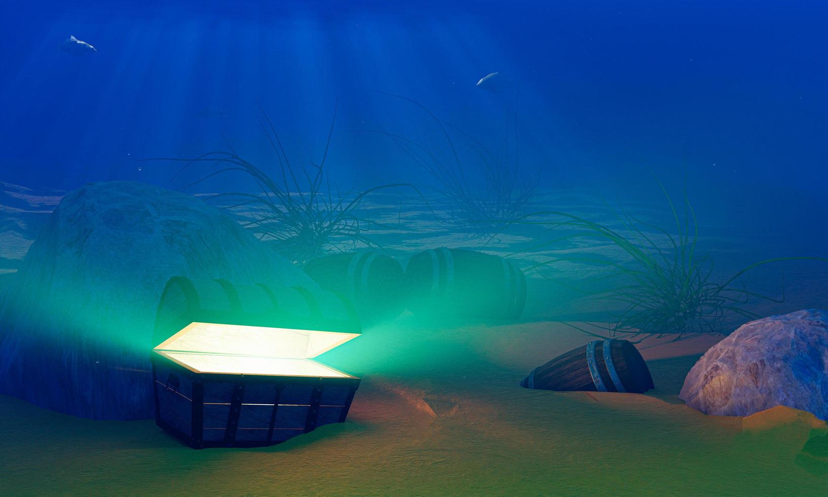 The old treasure chest sunk under the sea. The light shone out of the treasure chest. Under the sea atmosphere, there are rocks, sand, and treasure chest buried. 3D Rendering photo